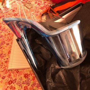 Pleaser  clear high heals with light blue tent